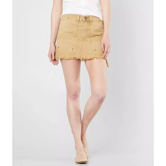 Free People Skirt Canvas Relaxed Utility 25 Cut Off Mini Pockets Khaki Tan - Picture 1 of 8